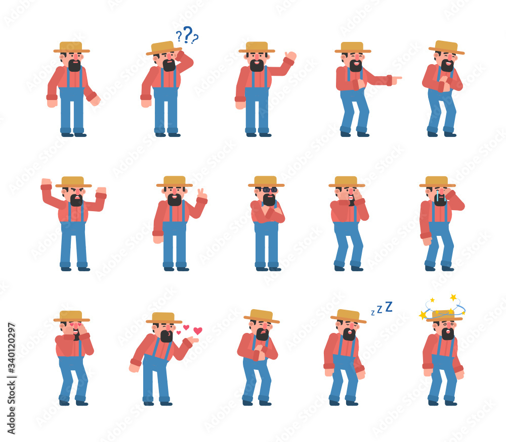 Set of bearded farmer showing various emotions. Old farmer crying, laughing, happy, tired, angry and showing other expressions. Flat design vector illustration