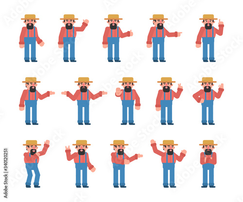 Set of farmer characters showing various hand gestures. Old farmer showing thumb up, pointing, victory sign and other gestures. Flat design vector illustration