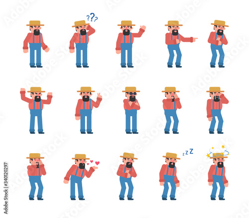 Set of bearded farmer showing various emotions. Old farmer crying, laughing, happy, tired, angry and showing other expressions. Flat design vector illustration