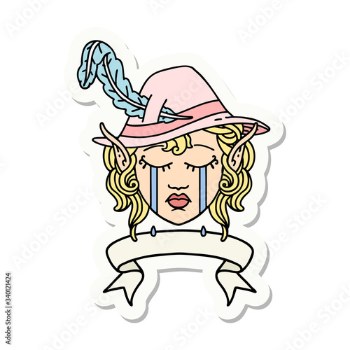 crying elf bard character face with banner sticker