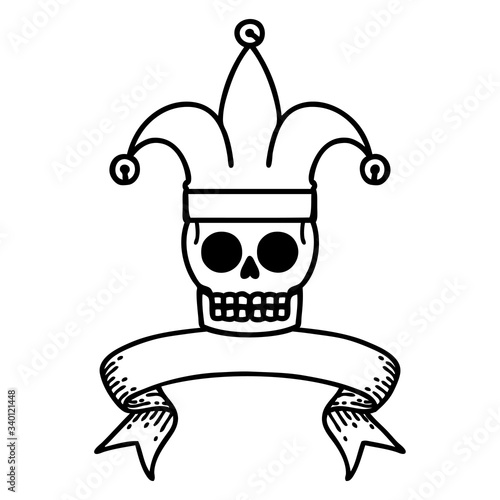 black linework tattoo with banner of a skull jester