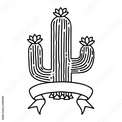 black linework tattoo with banner of a cactus