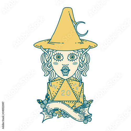 elf mage character with natural twenty dice roll illustration