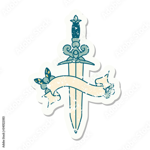 grunge sticker with banner of dagger