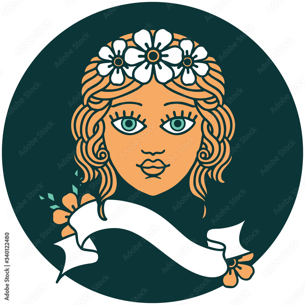 icon with banner of female face with crown of flowers icon with banner of female face with crown of flowers