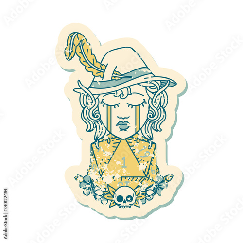 crying elf bard character with natural one D20 roll illustration