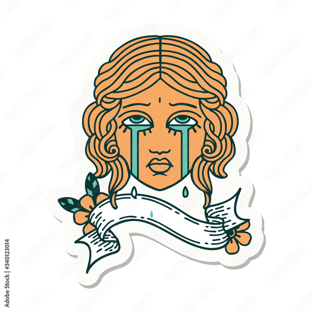 Naklejka premium tattoo sticker with banner of female face crying