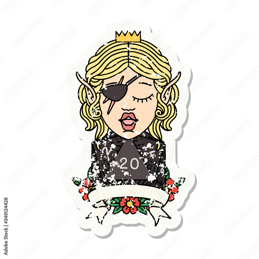 elf rogue character with natural twenty dice roll grunge sticker elf rogue character with natural twenty dice roll grunge sticker