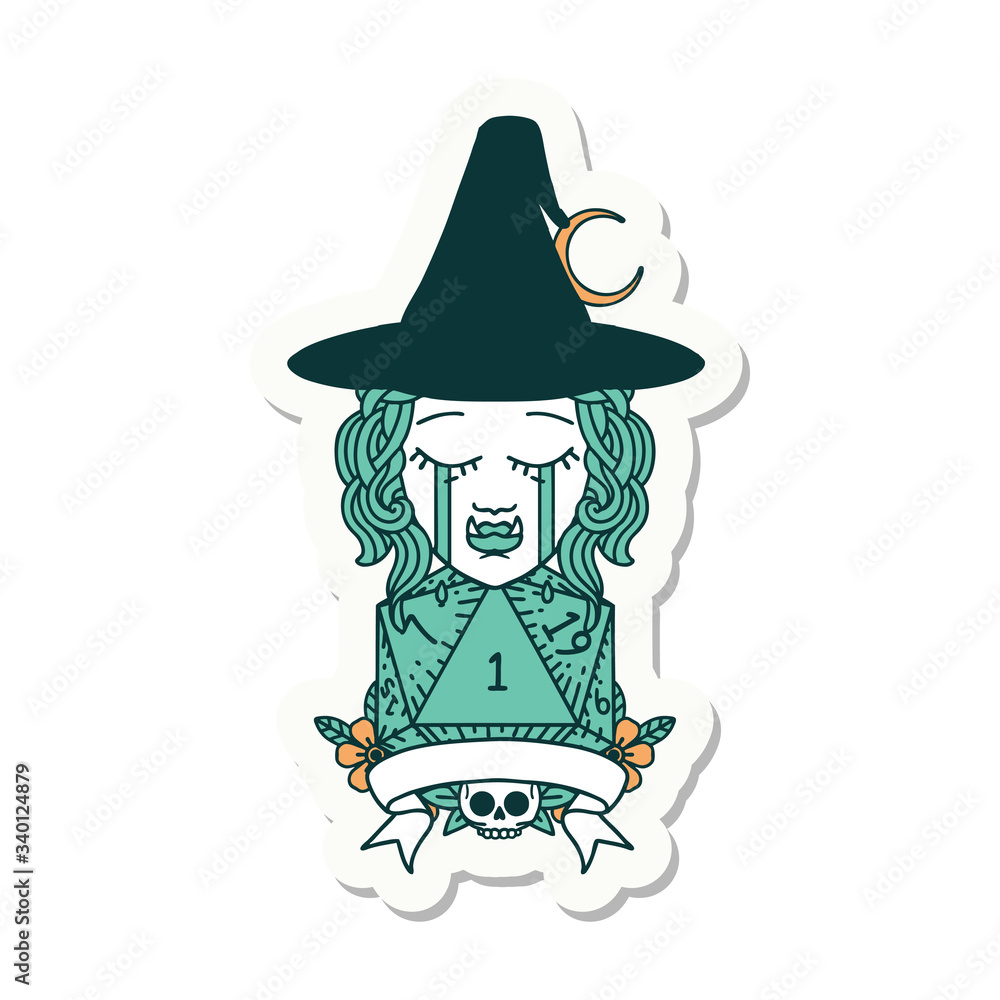 crying half orc witch character with natural one roll sticker