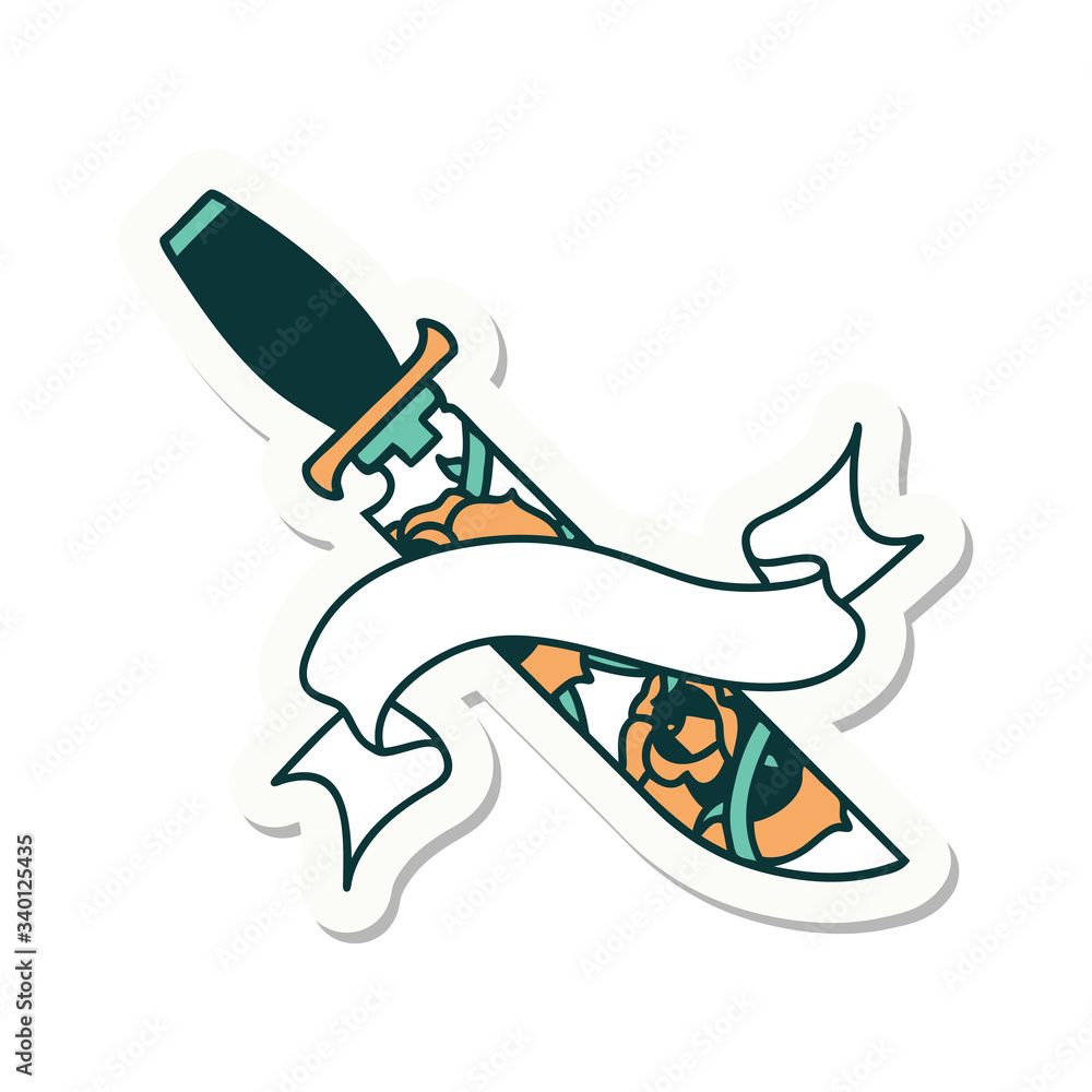 tattoo sticker with banner of a dagger and flowers tattoo sticker with banner of a dagger and flowers