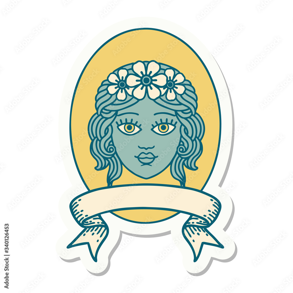 tattoo sticker with banner of a maiden with crown of flowers tattoo sticker with banner of a maiden with crown of flowers