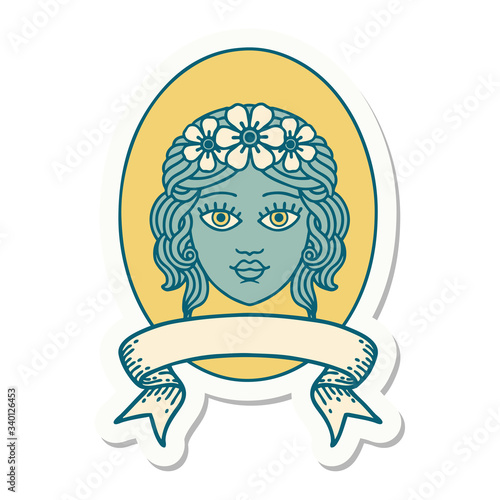 tattoo sticker with banner of a maiden with crown of flowers