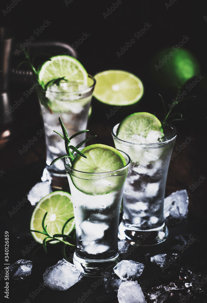 Classic gin tonic cocktail with lime, ice and rosemary. Vintage bar, evening atmosphere, bar tools Classic gin tonic cocktail with lime, ice and rosemary. Vintage bar, evening atmosphere, bar tools
