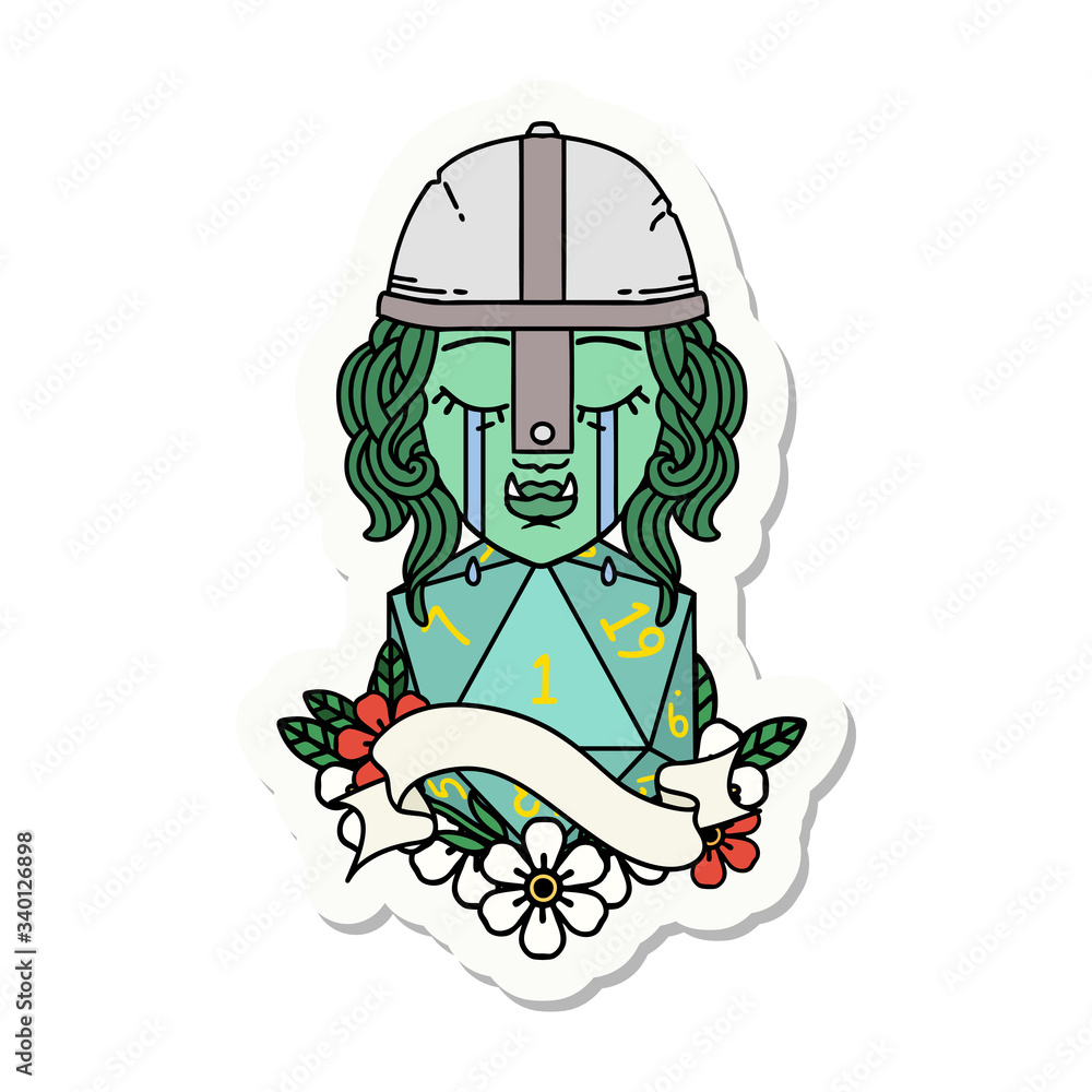 crying orc fighter character face with natural one d20 roll sticker crying orc fighter character face with natural one d20 roll sticker