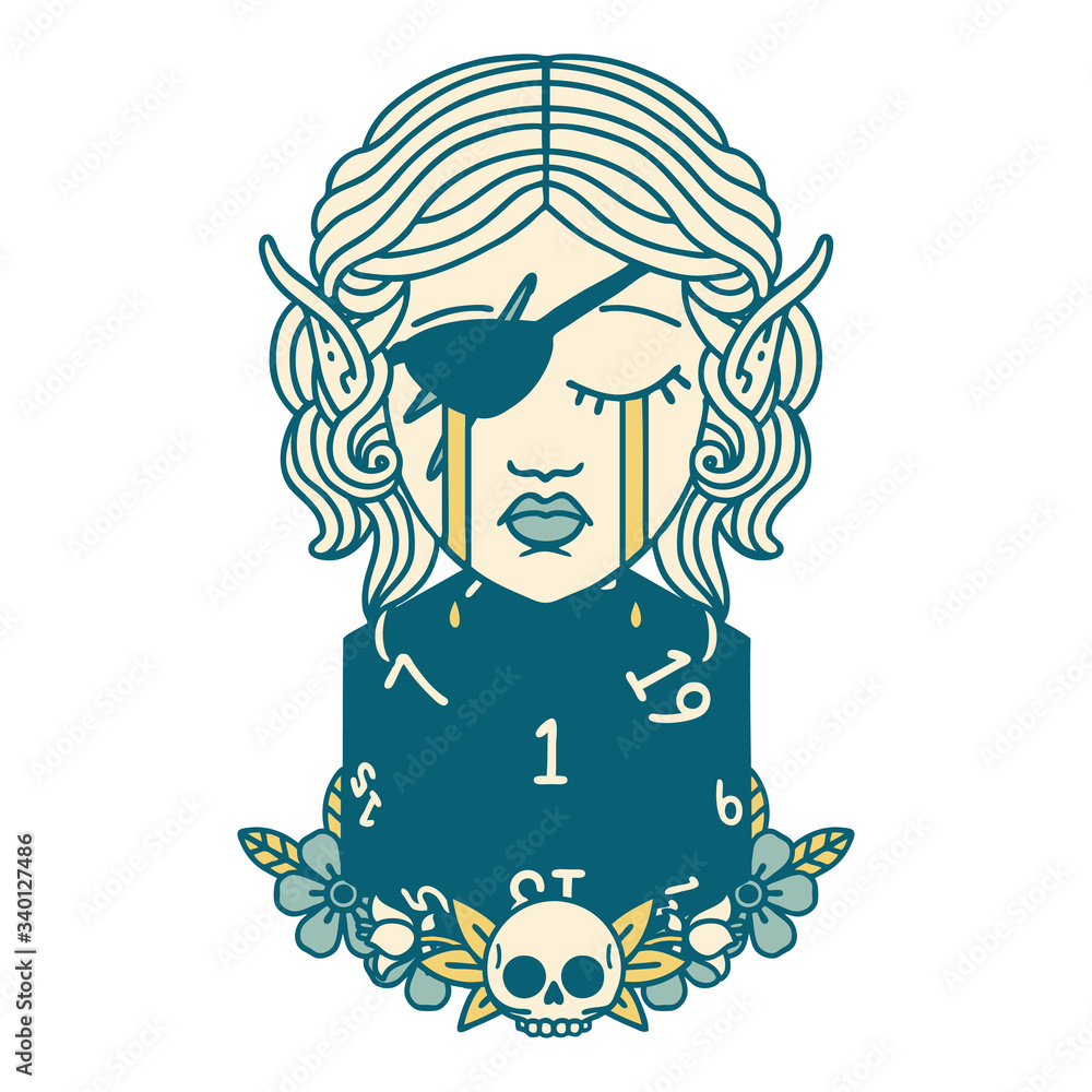 crying elf rogue character face with natural one D20 roll illustration crying elf rogue character face with natural one D20 roll illustration