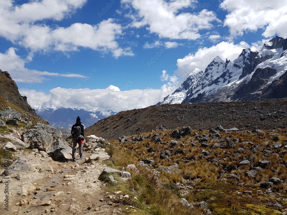 Backpacker hiking through Salkantay trek