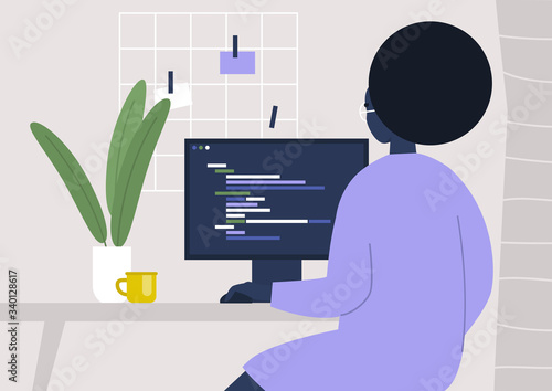 Young black female character writing code on a desktop computer, working from home, millennials at work