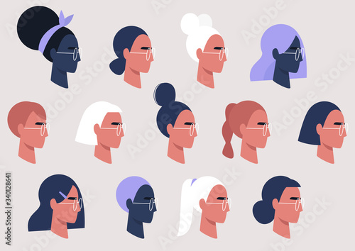Female faces collection, user avatars, feminine pattern, millennial girls