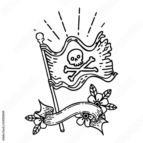 banner with black line work tattoo style waving pirate flag