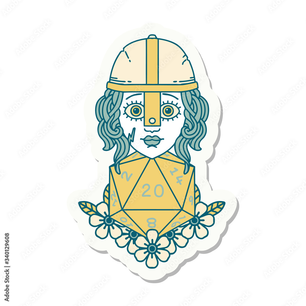 human fighter with natural 20 D20 dice roll sticker