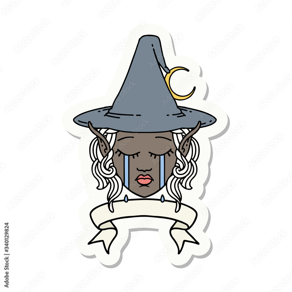 crying elf mage character face wiht banner sticker crying elf mage character face wiht banner sticker