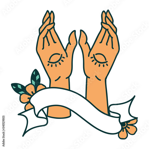 tattoo with banner of mystic hands