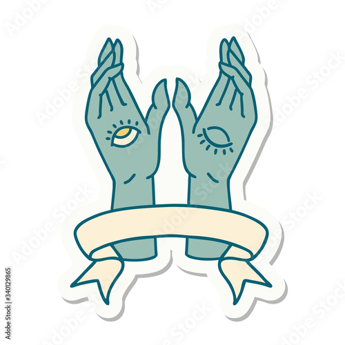 tattoo sticker with banner of mystic hands