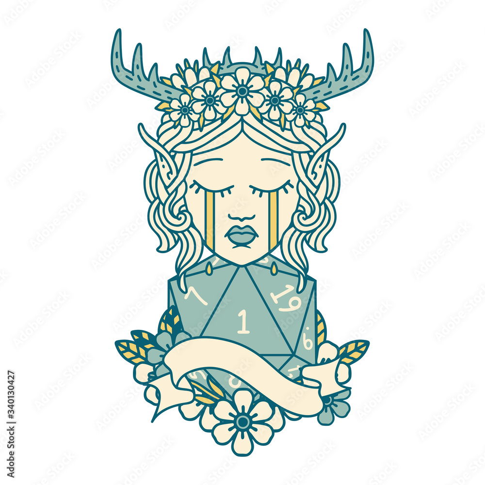 crying elf druid character face with natural one roll illustration crying elf druid character face with natural one roll illustration
