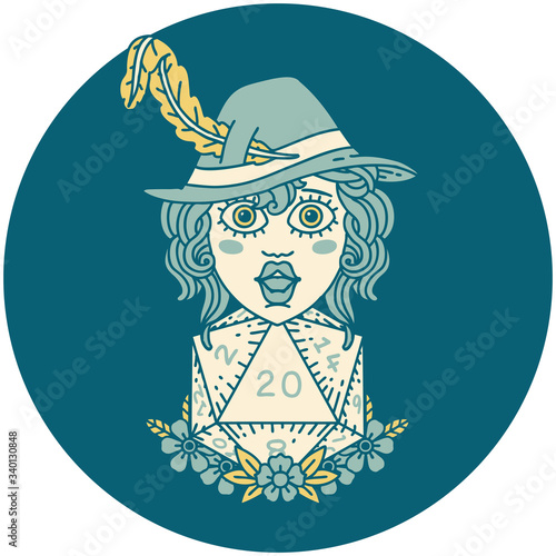 human bard with natural 20 dice roll illustration