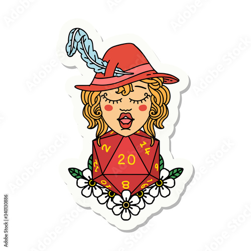human bard with natural 20 dice roll sticker