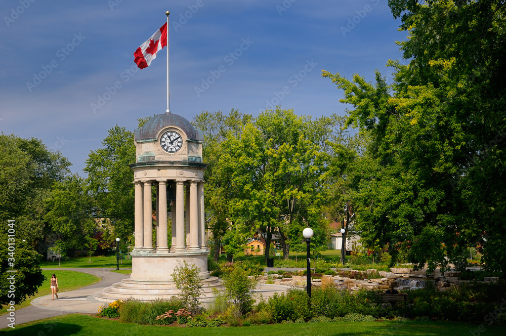 Old City Hall Clock Tower and fountain in Victoria Park Kitchener with