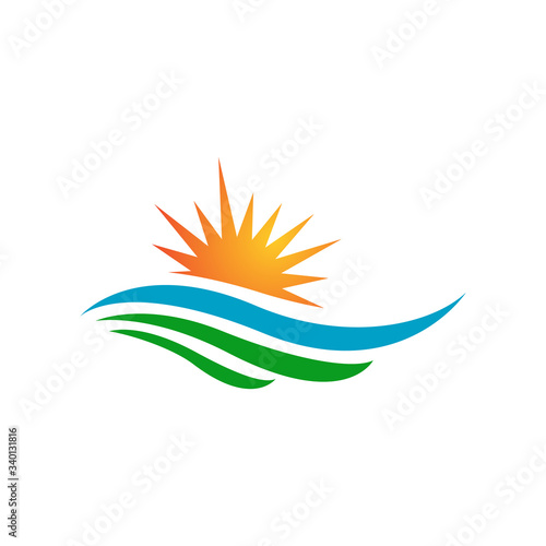 sunset logo design vector of yellow sun and blue sea waves illustration