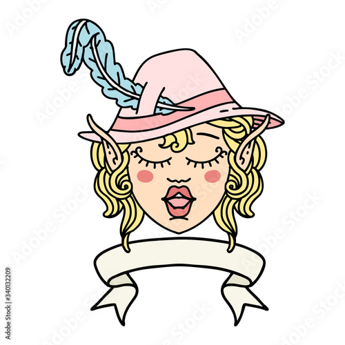 singing elf bard character face with banner illustration