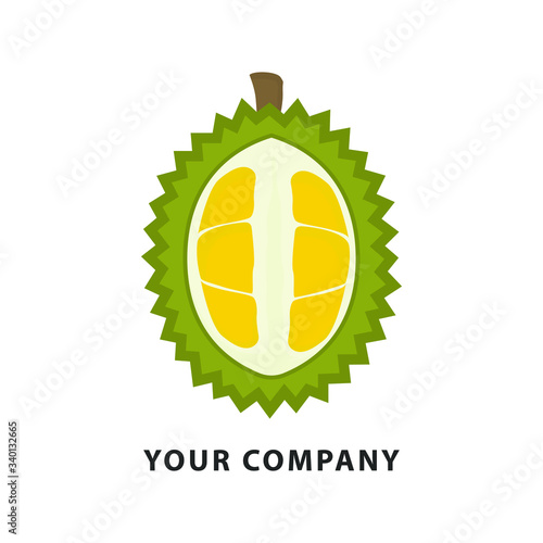 Summer tropical fruits for healthy lifestyle. Sign made of piece of durian fruit with lettering. Vector illustration cartoon flat icon isolated on white.