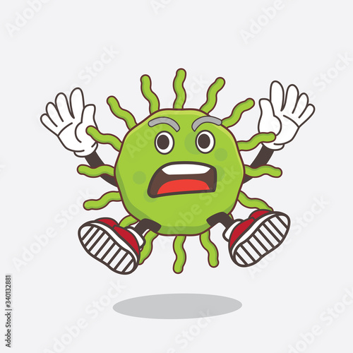 Green Virus cartoon mascot character with shocked gesture
