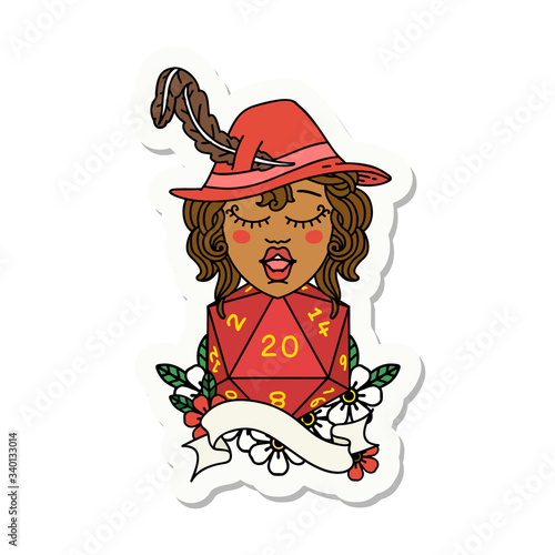 human bard with natural twenty dice roll sticker