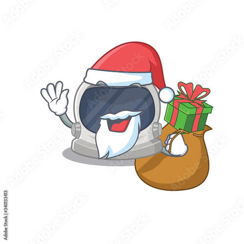 Cartoon design of astronaut helmet Santa with Christmas gift