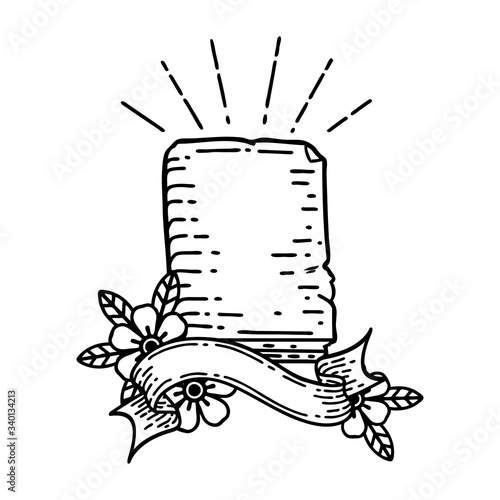 banner with black line work tattoo style spellbook