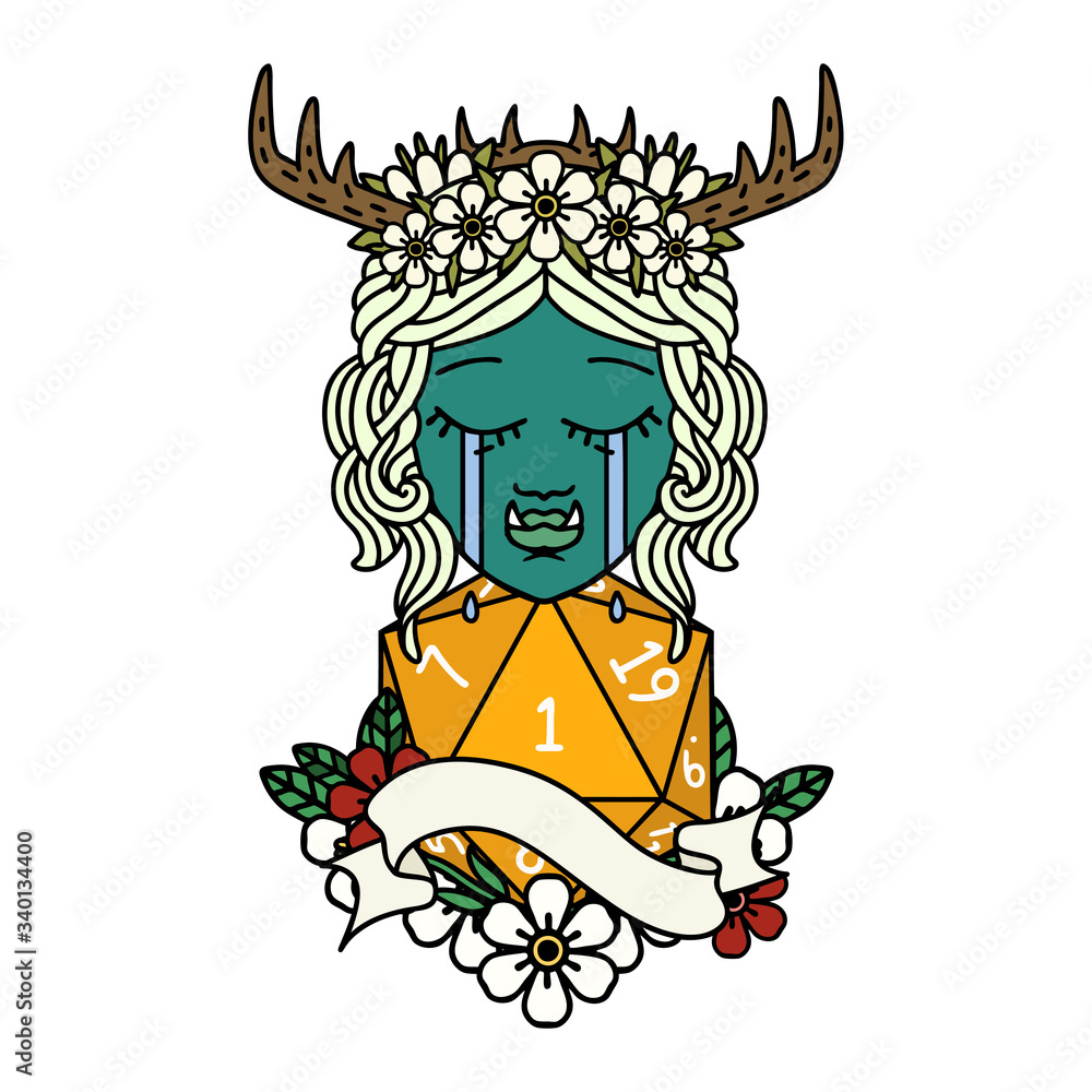 crying orc barbarian character face with natural one D20 roll illustration crying orc barbarian character face with natural one D20 roll illustration