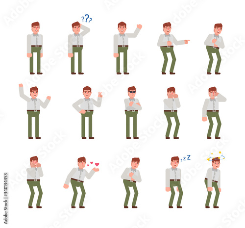 Businessman in white shirt and green pants showing various emotions set. Businessman crying, laughing, tired, suprised and showing other expressions. Flat design vector illustration