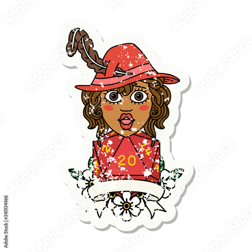 human bard character with natural 20 dice roll illustration