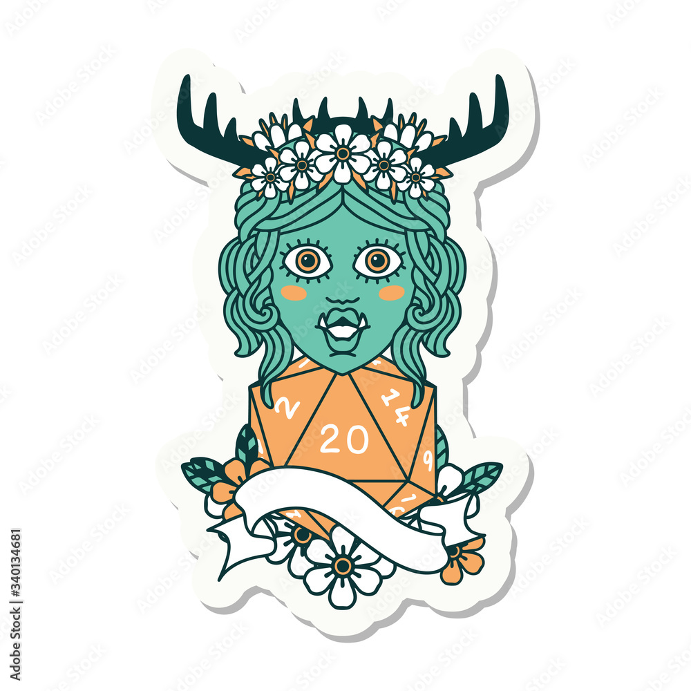 half orc druid character with natural 20 dice roll sticker half orc druid character with natural 20 dice roll sticker
