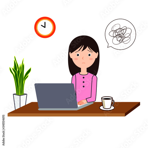 パソコンを操作しながら困惑した表情をする若い女性のイラスト