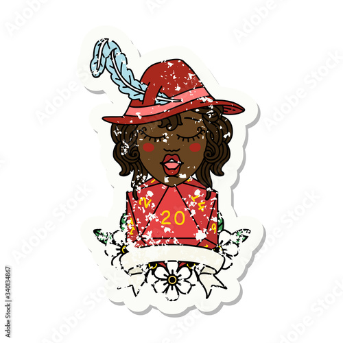 human bard character with natural 20 dice roll illustration