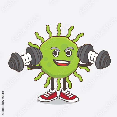 Green Virus cartoon mascot character on fitness exercise trying barbells