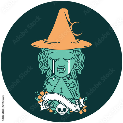 crying half orc witch character face with natural one d20 dice roll icon