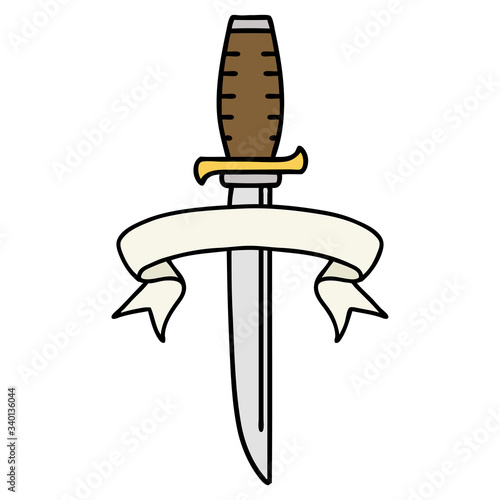 tattoo with banner of a dagger