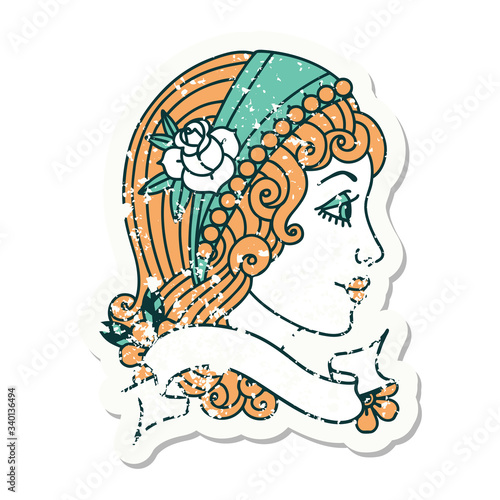 grunge sticker with banner of a gypsy head