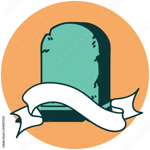 icon with banner of a grave stone