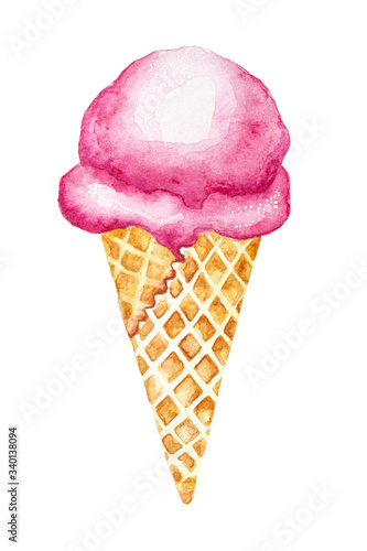 Pink watercolor ice cream in waffle cone isolated on white background. Hand drawn illustration.